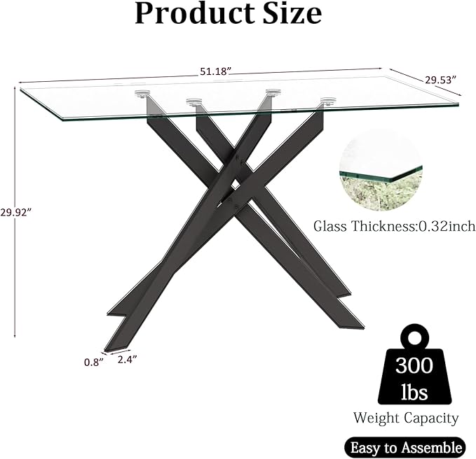 51inch Modern Dining Table for 4, Glass Kitchen Dining Room Table for 4, 0.32" Rectangular Tempered Glass Tabletop and Black Metal Legs,Rectangle Clear Glass Table for Kitchen, Dining Room