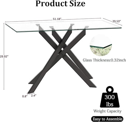 51inch Modern Dining Table for 4, Glass Kitchen Dining Room Table for 4, 0.32" Rectangular Tempered Glass Tabletop and Black Metal Legs,Rectangle Clear Glass Table for Kitchen, Dining Room