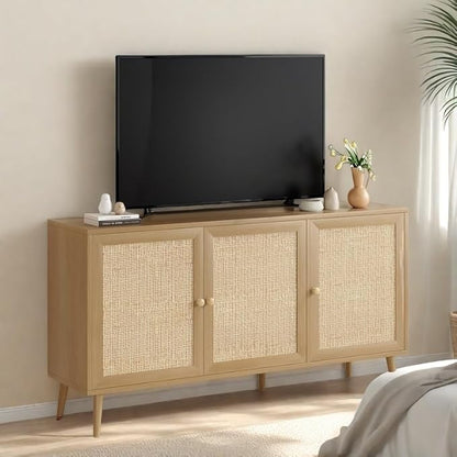 FONTOI Rattan Entryway Table, Entertainment Center with Adjustable Shelf, Sideboard Buffet Cabinet with 3 Rattan Doors, Modern Console Cabinet with Large Storage for Living Room, Kitchen, Brown