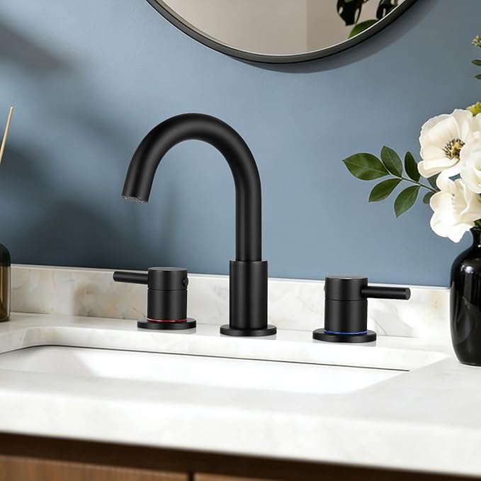 FGKQ Black Bathroom Sink Faucet 3 Hole 2 Packs, Bathroom Faucets for Sink 3 Hole with Metal Pop Up Drain, Widespread Vanity Faucet with Supply Lines