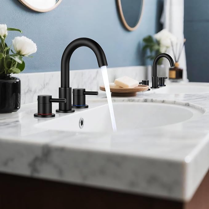 FGKQ Black Bathroom Sink Faucet 3 Hole 2 Packs, Bathroom Faucets for Sink 3 Hole with Metal Pop Up Drain, Widespread Vanity Faucet with Supply Lines