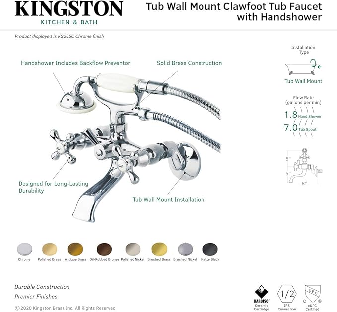 Kingston Brass Kingston KS265AB 6-In Adjustable Centers Wall Mount Tub Filler, Antique Brass
