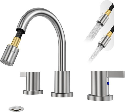 Phiestina Pull Down Sprayer Brushed Nickel Widespread Bathroom Sink Faucet, 8 Inch 2 Handles 3 Hole Pull Out Bathroom Faucet,with Pop Up Drain and Water Supply Line,BF04022-K01-GBN