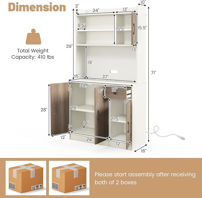 LOKO Kitchen Storage Cabinet with Charging Station, 71" Tall Pantry Hutch with Adjustable Shelves, 3 Cabinets & Cable Holes, Freestanding Cupboard Organizer for Kitchen, Dining Room