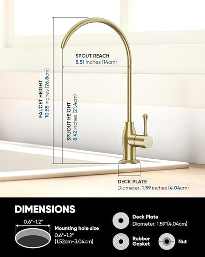 WEWE Vintage Drinking Water Faucet, Lead-Free Stainless Steel Kitchen Water Filter Faucet for Reverse Osmosis System, Non-Air Gap RO Beverage Faucet, Gold