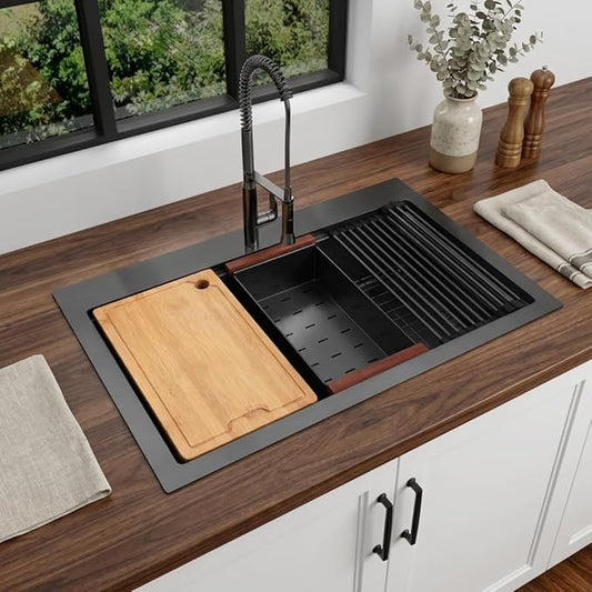 LQS Black Drop In Kitchen Sink, 33x22 Drop In Kitchen Sink, 16 Gauge Stainless Steel Sink Top Mount Deep & Large Sink with Multifunctional Workstation Kitchen Sinks and Practical Accessories