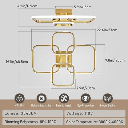 Dimmable Modern Ceiling Lights, 4-Square Flush Mount Ceiling Lighting with Remote Control, 3000K-6000K Gold LED Ceiling Light Fixtures for Bedroom, Dining Room,Kitchen