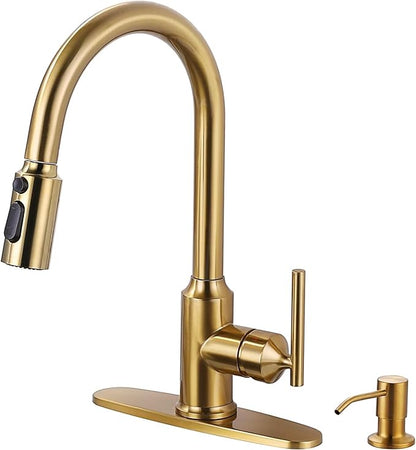 WOWOW Kitchen Faucets with Pull Down Sprayer, Gold Kitchen Faucet with Sprayer, 304 Stainless Steel High Arc Single Handle Pull Down Kitchen Faucet for Kitchen Sink Faucet with Soap Dispenser