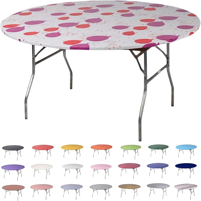 Kwik-Covers 10-Pack Fitted 60” or 72” Round Plastic Table Covers, Elastic Edge, 3 Mil Vinyl, Won’t Blow Off, Indoor/Outdoor for Picnic, Party & Trade Show Supplies (Celebration, 60" Round)