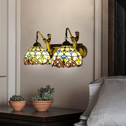 Tiffany Wall Sconce Lighting with Mermaid 2-Light Antique Wall Light Fixture Stained Glass Bowl Shade Bronze Finish Retro Vintage Wall Lamp for Bedroom Hallway Stairway Balcony Bathroom (Yellow)
