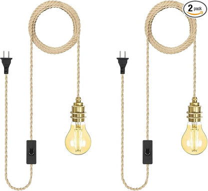 2Pack Gold Plug in Pendant Light Cord 16.4ft Hanging Lights Fixtures with Plug in Cord Rope Pendant Lamp Kit with Switch Vintage E26 DIY for Bedroom Living Room, Bulb Not Included