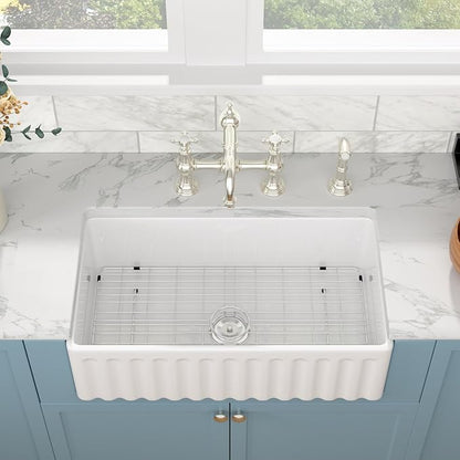 Sarlai 33 White Farmhouse Sink - 33x18 Inch Farm Kitchen Sink Reversible Apron Front White Ceramic Porcelain Fireclay Single Bowl Farmer Sinks