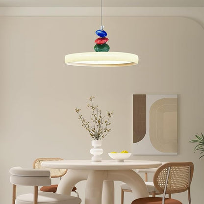 Mikeru Modern Pendant Lights, 23.6" Cream Yellow Pendant Lighting Fixture with Remote Control Dimmable 3 Color Mode & Brightness Mid Century Island Light Fixture for Dining Room,Kitchen,Living Room