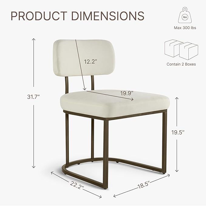 KISLOT Dining Chairs Set of 4, Upholstered Modern Kitchen Chairs with Ergonomic Backrest, Fabric Cushion & Wire Drawing Curve Metal Legs for Living Room, Restaurant, Café, Ivory, 2Boxs