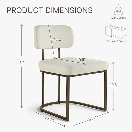 KISLOT Dining Chairs Set of 4, Upholstered Modern Kitchen Chairs with Ergonomic Backrest, Fabric Cushion Seat & Wire Drawing Metal Legs for Living Room, Restaurant, and Café, White, 2Boxs
