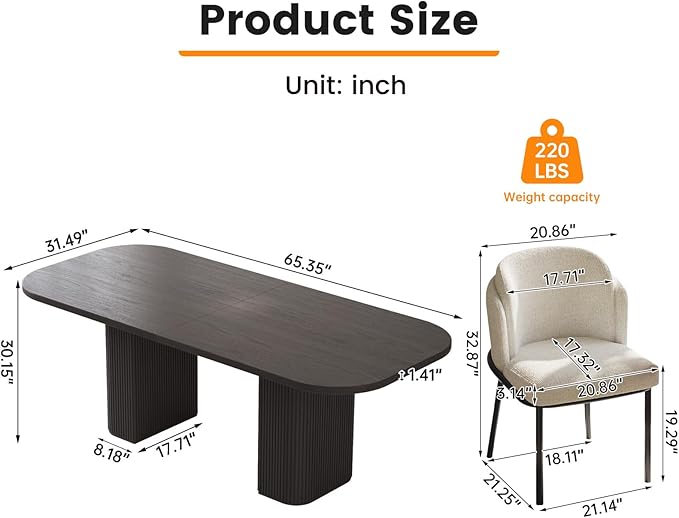 Miuuod 5-Piece 65" Wooden Dining Set, Dining Table & Chair for 6, Includes Dining Table,4 Upholstered Chairs,with Wood Legs,Table Set for Dining Room, Kitchen, Black