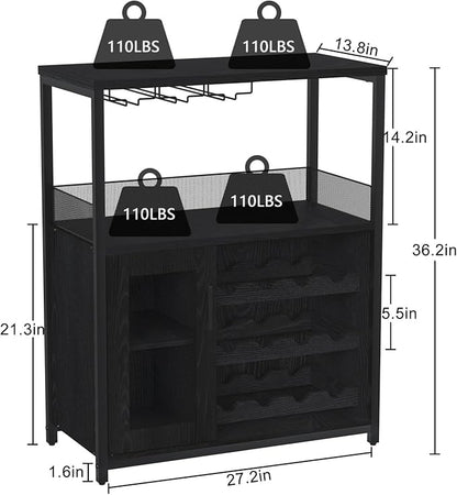 GAOMON Coffee Wine Bar Cabinet with Storage and Detachable Rack, Farmhouse Sideboard and Buffet Cabinet with Glass Holder and Mesh Door, Liquor Coffee Bar Cupboard, Black