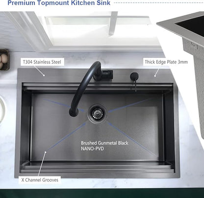 33 Inch Black Kitchen Sink Drop In Workstation-Hovheir 33x22 Drop In Top Mount Kitchen Sinks Black Stainless Sink 16 Gauge Stainless Steel Deep Single Bowl Workstation Sinks with Cutting Board