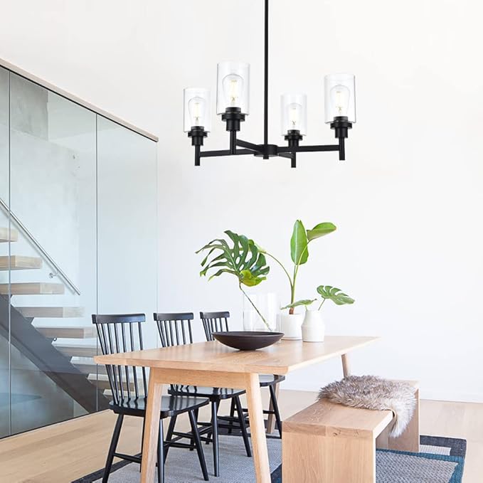 VINLUZ 4 Light Glass Farmhouse Chandelier Black Kitchen Lighting Fixture Hanging with Cylinder Clear Glass Pendant Light for Dining Room Bedroom