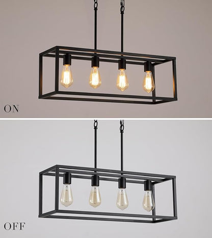 AMZASA Black Rectangle Island Lighting Rectangular Modern Industrial Chandelier 4 Lights Linear Vintage Cage Light Fixtures for Kitchen Dining Room (Height Adjustable)
