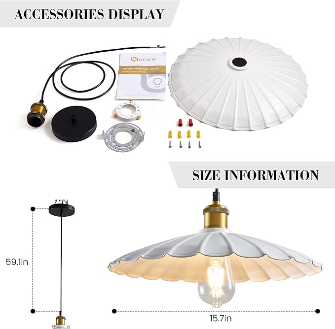 Pendant Light Fixture, White Farmhouse Vintage Pendant Light 15.7 Inch Lampshade with Adjustable Light Cord Kitchen Hanging Lights Retro Island Pendant Lights for Kitchen