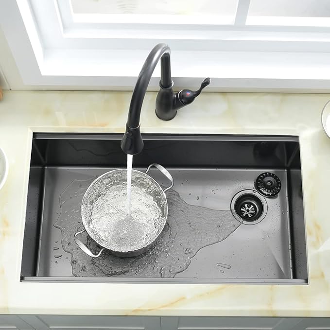 33 Black Undermount Kitchen Sink, 33x19 Stainless Steel Workstation Kitchen Sink with Offset Drain 16 Gauge Single Bowl Deep Basin