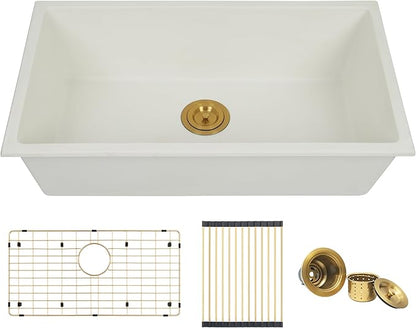 MILOSEN White Undermount Kitchen Sink, 31"x18" Granite Composite Single Bowl Kitchen Sinks, 9" Deep Large Undermount/Drop In Sink with Gold Accessories, White Quartz Kitchen Sinks for Modern Kitchen