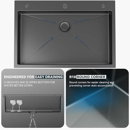 Lordear 33 Inch Drop In Black Kitchen Sink with Faucet Combo - 16 Gauge Stainless Steel 33x22 Single Bowl Black Drop In Kitchen Sink with All Accessories