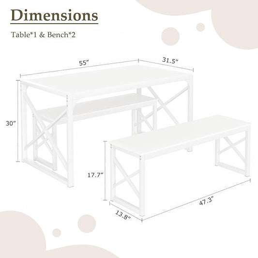 VECELO Kitchen Dining Table Benches Set for 4/6, 55" Wooden Dinette with 2 Benches, Large Embedded Desktop for Small Space, Breakfast Nook, White