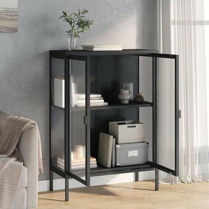 Black Powder-Coated Steel Sideboard, Fluted Glass Accent Cabinet for Living Room, 2-Door Storage with Adjustable Shelves, 13.8x29.5x41.3 inch Kitchen Furniture
