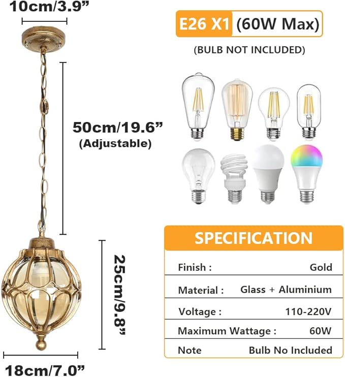 Outdoor Pendant Light Fixtures for Porch, Waterproof Exterior Lantern Glass Vintage Hanging Ceiling Light Retro Aluminum Outside Chandelier for Porch Patio Entryway Farmhouse (18cm/7",Gold)