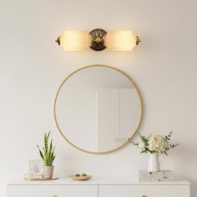 Vintage Bathroom Vanity Light - 2-Light Milk Glass Sconce with Antique Brass Finish & White Shade, Wall Sconce Lighting for Bathroom Mirror, Hallway, Living Room, Bedroom