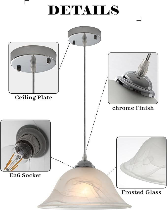 Kitchen Pendant Lighting Over Island, 11.8” White Frosted Glass Pendant Lights, Farmhouse Pendant Lights Kitchen Island, Modern Chrome Kitchen Pendant Light for Dinning Living Room (1 Pack)