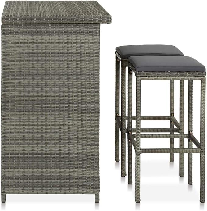 3-Piece Bar Set with Shelves PE Rattan Steel Frame Indoor Outdoor Gray Bistro Table and Stools Set for Small Space Kitchen Living Room