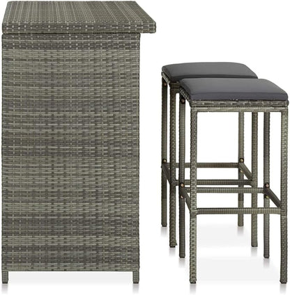3-Piece Bar Table Set with Stools Gray PE Rattan Steel Bistro Set Indoor Outdoor Bar Furniture for Patio Kitchen Living Room