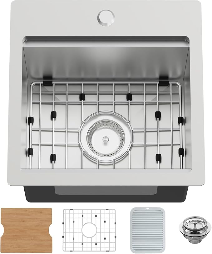15x15In Kitchen And Bar Workstation Sink- Small Stainless Steel Drop In Single Bowl Bar Sink Built-in Ledge Topmount Workstation Sink With Accessory-SS Grid Cutting Board,Silicon Mat,Drain Assembly