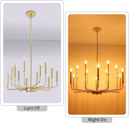 Gold Farmhouse Chandelier, Industrial Metal 12-Light Candle Chandeliers, Rustic Pendant Lighting for Kitchen Island, Dining Room, Living Room, Staircase
