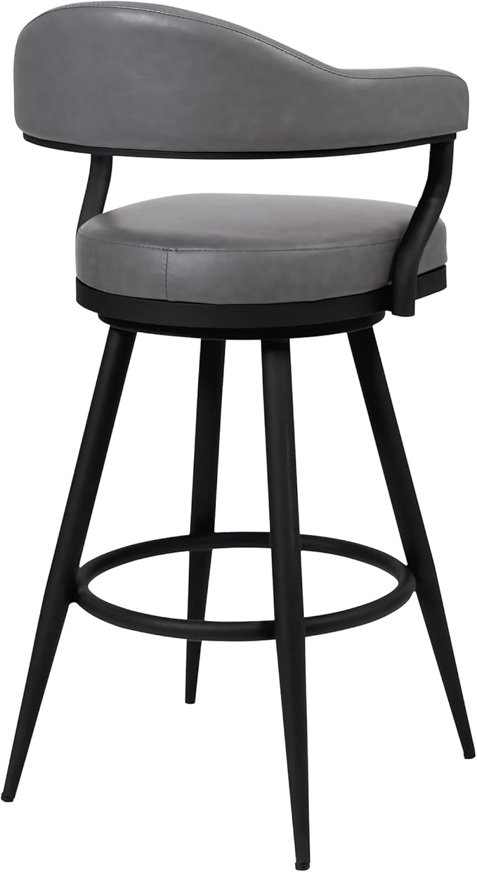 Armen Living Justin Modern Farmhouse 26" Seat Height Swivel Vintage Gray Faux Leather Bar Stool with Black Metal Legs for Kitchen Island Counter