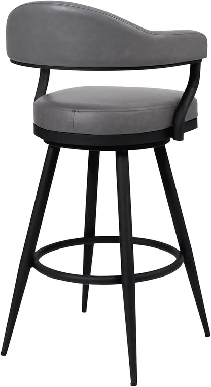 Armen Living Justin Modern Farmhouse 26" Seat Height Swivel Vintage Gray Faux Leather Bar Stool with Black Metal Legs for Kitchen Island Counter