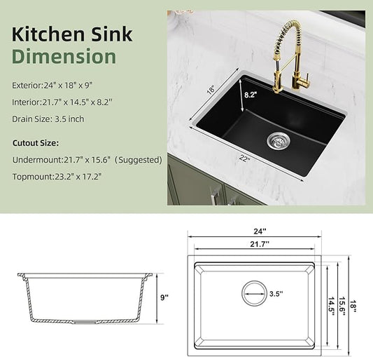 Davivy 24 Inch Black Granite Composite Kitchen Sink Workstation, 24 x 18 Black Undermount/Drop In Kitchen Sink, Deep Quartz Single Bowl with Accessories