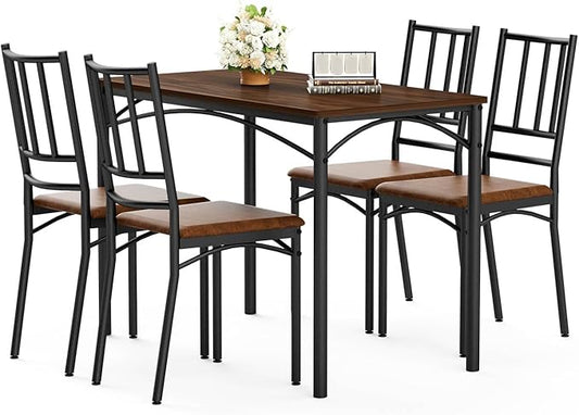 5 Piece Dining Table Set for 4, Farmhouse Kitchen Table and PU Chairs, Small Space Compact Dinette, Wood Top & Metal Frame, Breakfast Nook Set for Apartment Dining Room (Walnut+Black)