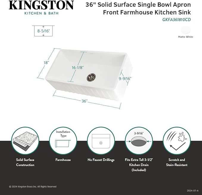 Kingston Brass Gourmetier GKFA361810CD Solid Surface White Stone Apron Front Farmhouse Single Bowl Kitchen Sink, Matte White