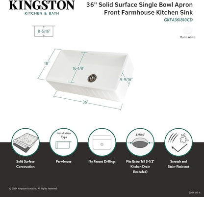Kingston Brass Gourmetier GKFA361810CD Solid Surface White Stone Apron Front Farmhouse Single Bowl Kitchen Sink, Matte White