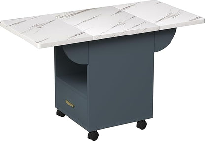 Wood Folding Dining Table with 4 Rolling Wheels Marble Texture Top Extendable Foldable Design Storage Drawers Multifunction Space Saving Table for Kitchen Island Desk Living Room Small Apartments