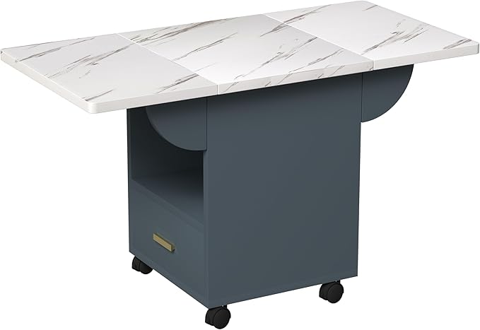 Foldable Drop Leaf Dining Table on Lockable Casters, Marble Grain Top Multi-Use Kitchen Island, Convertible Space-Saving Desk Coffee Console, Rolling Storage Cabinet with Shelves & Drawer