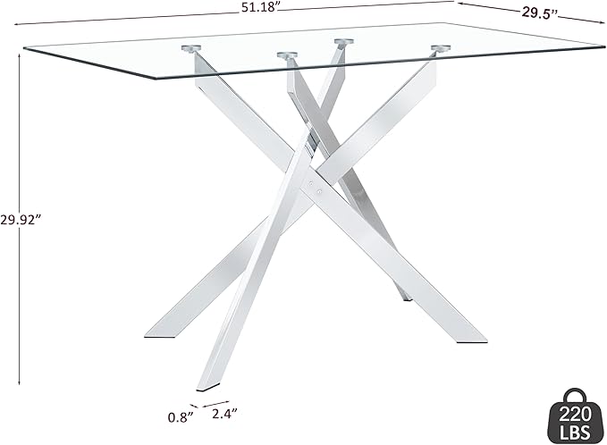 Dining Table with Tempered Glass Top, Modern Glass Dining Room Table Rectangle, Chrome Silver Geometric Metal Leg, Kitchen Table 51" L x 29.5" W x 30" H, Silver