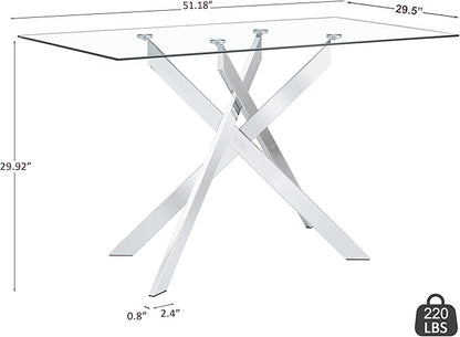 Dining Table with Tempered Glass Top, Modern Glass Dining Room Table Rectangle, Chrome Silver Geometric Metal Leg, Kitchen Table 51" L x 29.5" W x 30" H, Silver