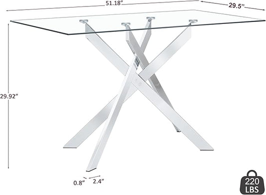 Dining Table with Tempered Glass Top, Modern Glass Dining Room Table Rectangle, Chrome Silver Geometric Metal Leg, Kitchen Table 51" L x 29.5" W x 30" H, Silver