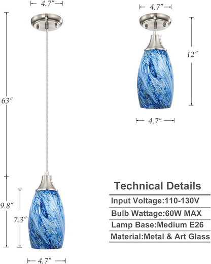 karyfine Mini Pendant Lights Kitchen Island White Blue Glass Lamp Shade Hand Blown Glass Pendant Light with Brush Nickel Finish Adjustable Cord for Kitchen Over Sink Hallway,Dining Room,Stairs Way