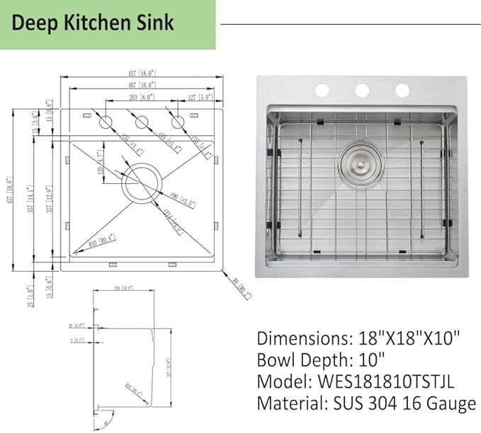 18 inch Drop in Bar Sink Workstation with 3 holes, Wesliv 18"x18" Drop in Utility Sink 16 Gauge Stainless Steel Wet Kitchen Bar Sinks Single Bowl with Cutting Board